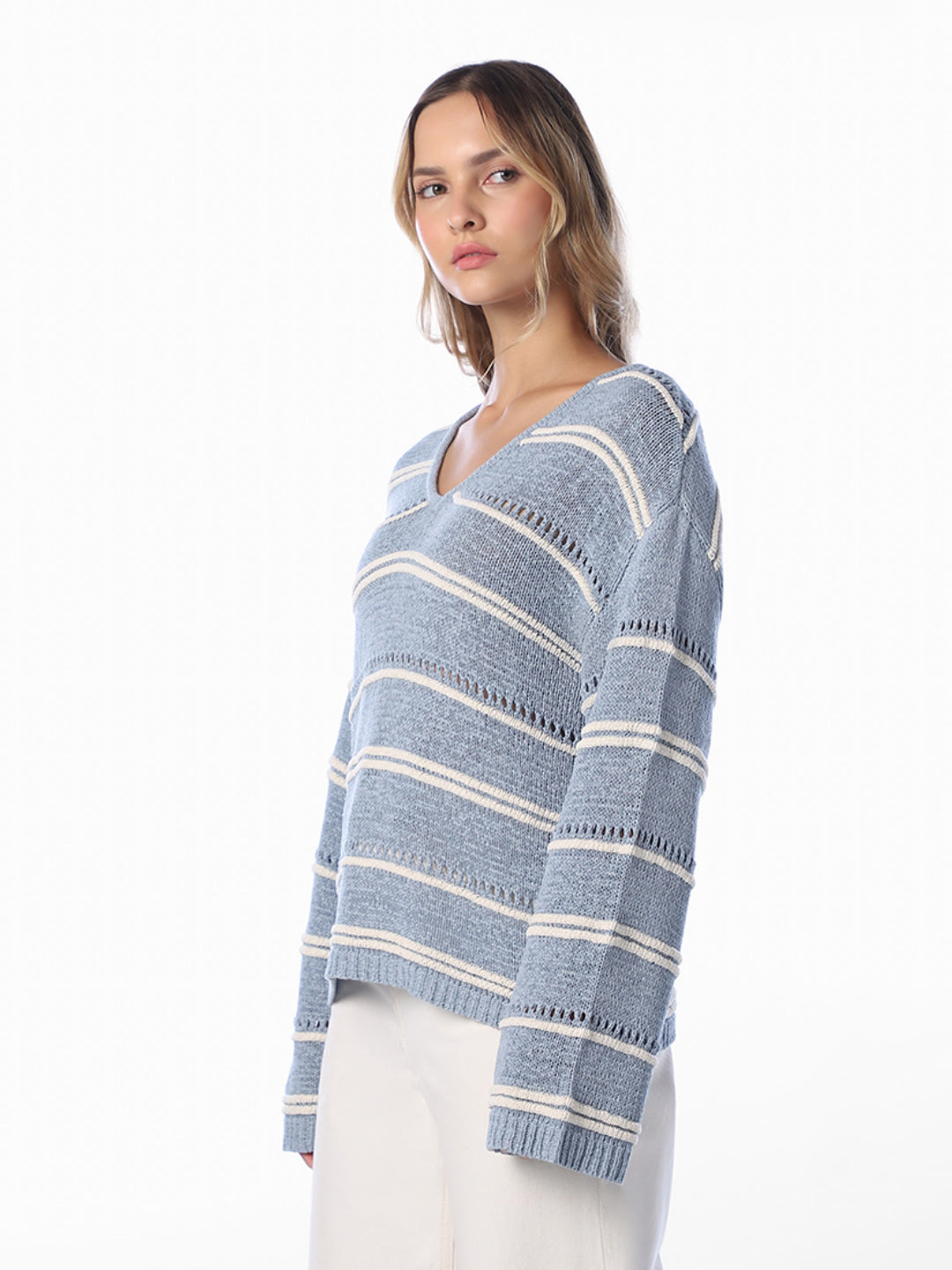 Blue V-Neck Oversized Pullover
