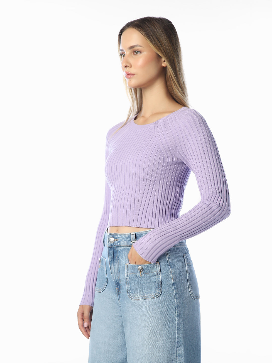 Purple Cropped O-Neck Pullover