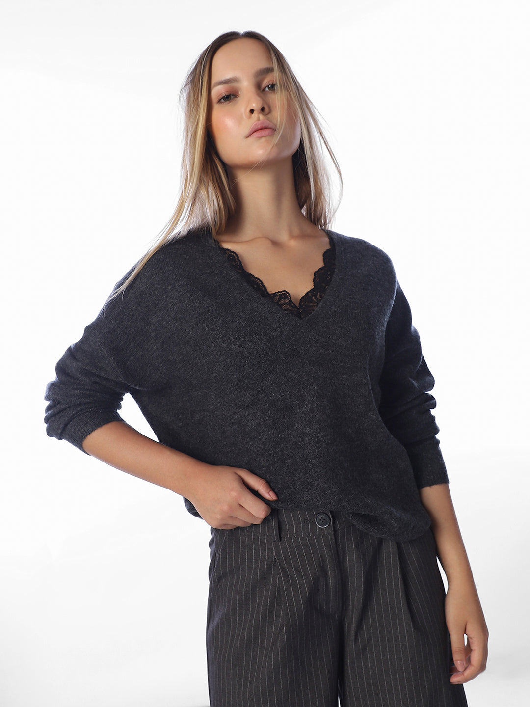 Dark Grey Lace Trim Pullover