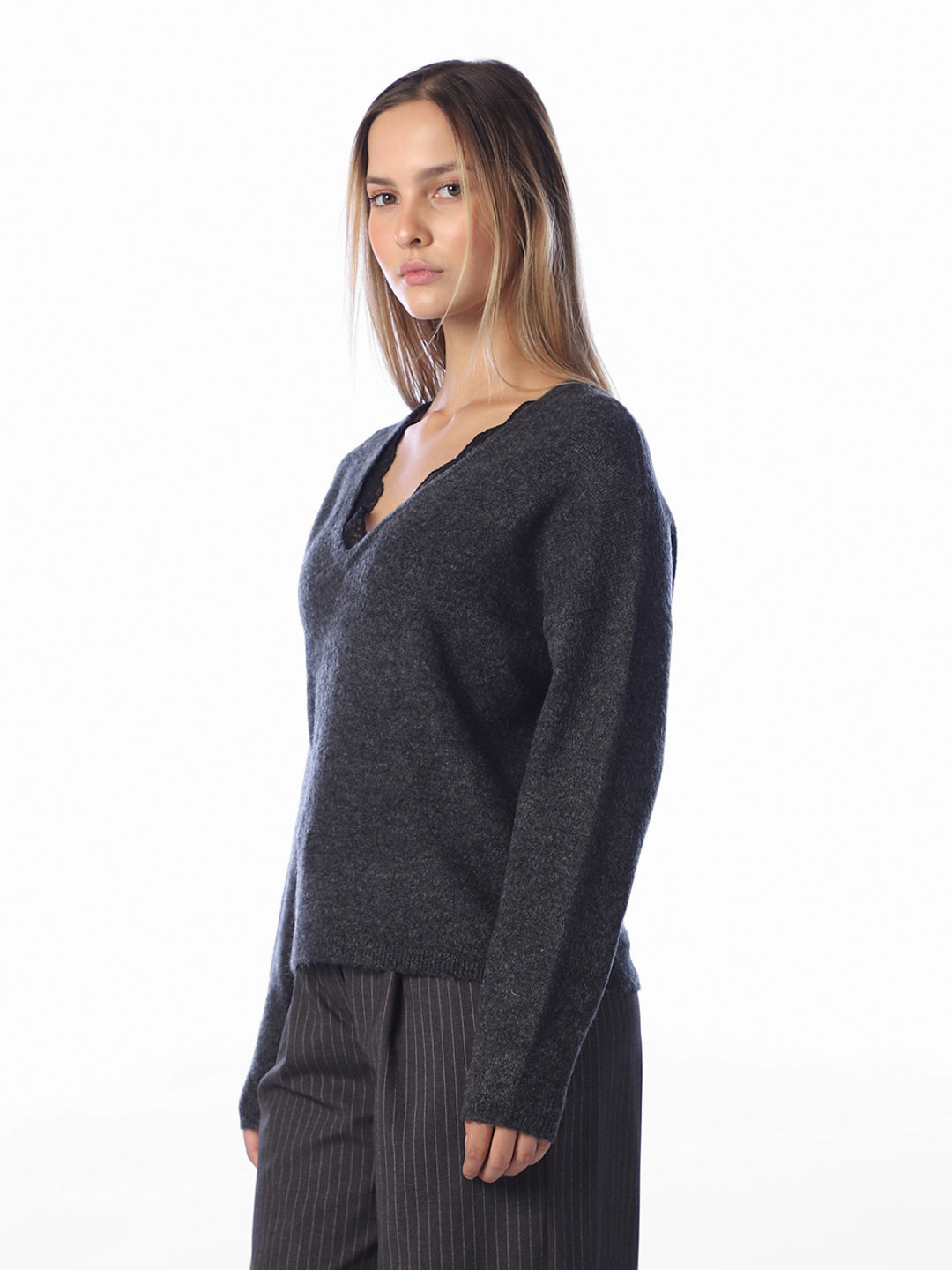 Dark Grey Lace Trim Pullover