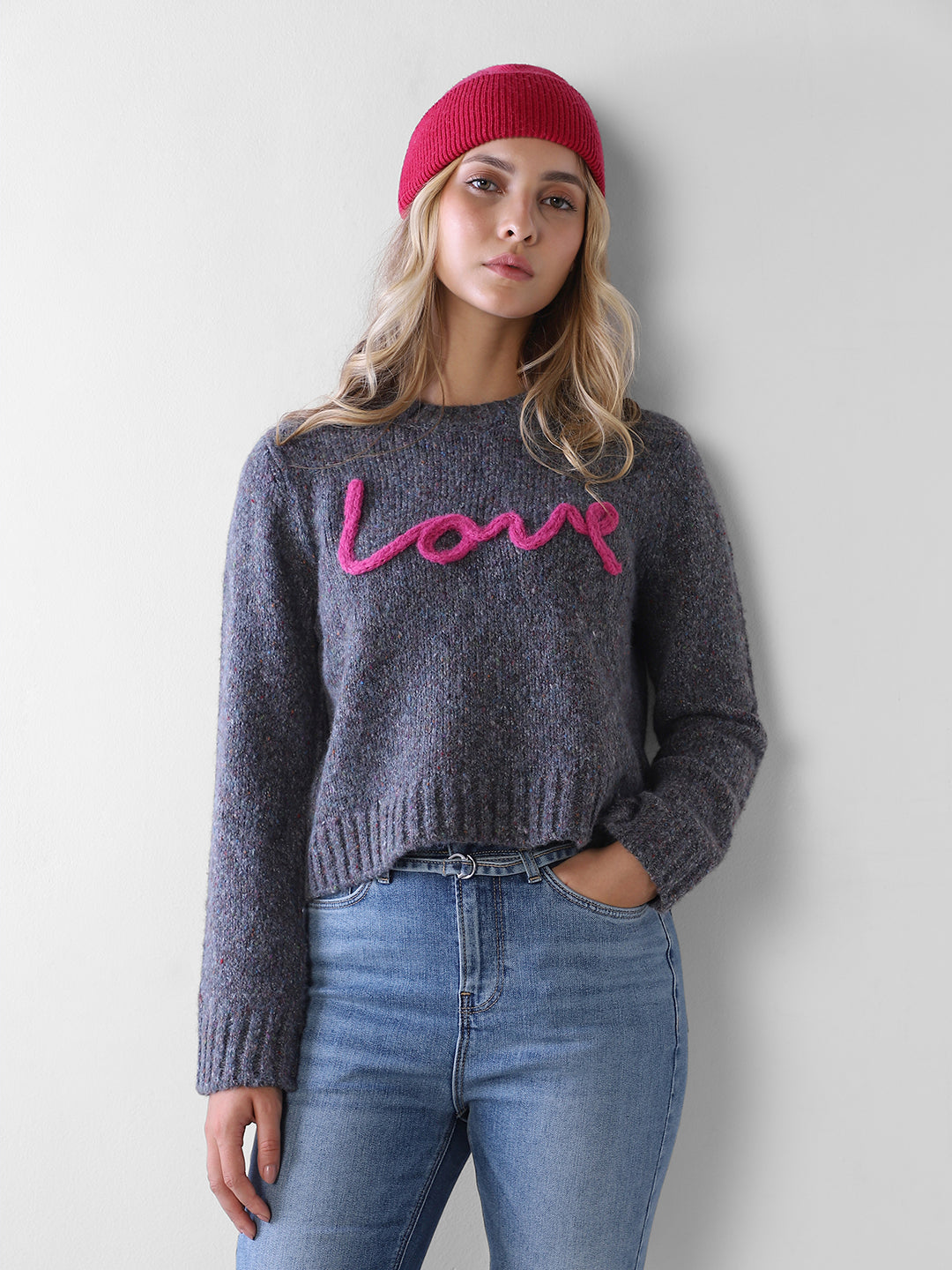 Text Detail O-Neck Pullover - Grey
