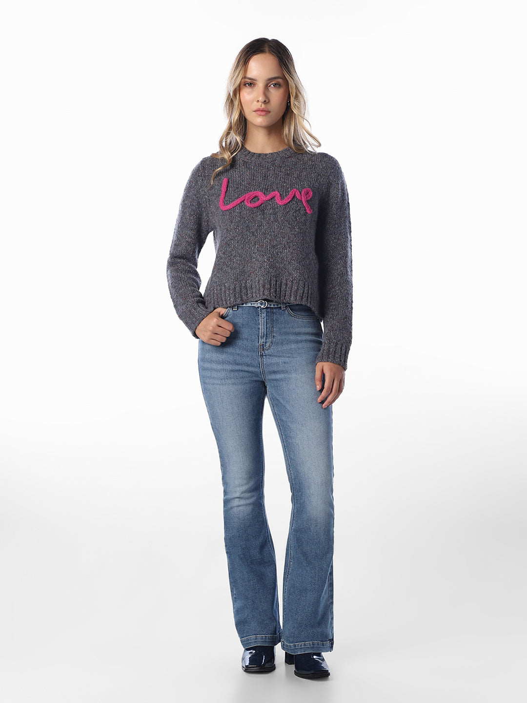 Text Detail O-Neck Pullover - Grey