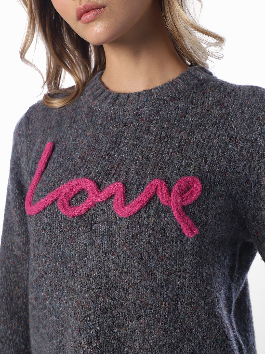 Text Detail O-Neck Pullover - Grey