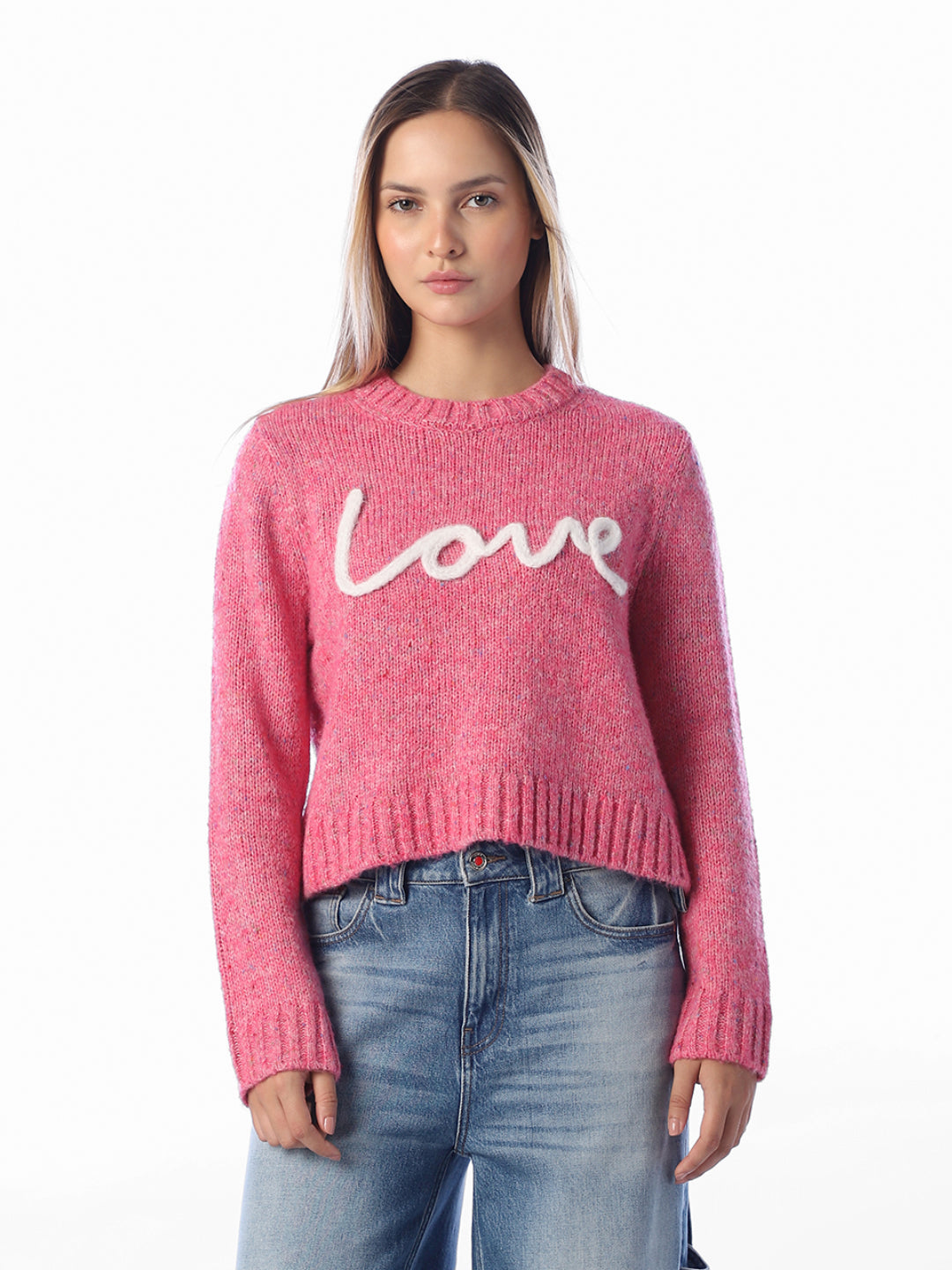 Text Detail O-Neck Pullover - Pink