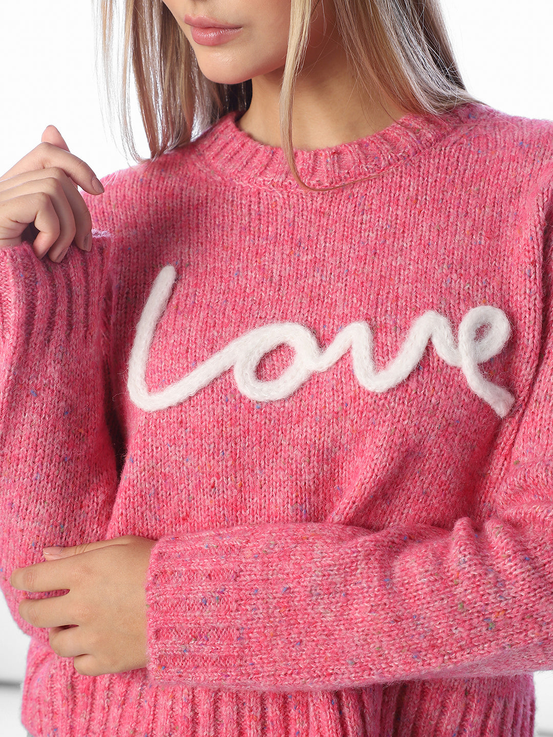 Text Detail O-Neck Pullover - Pink