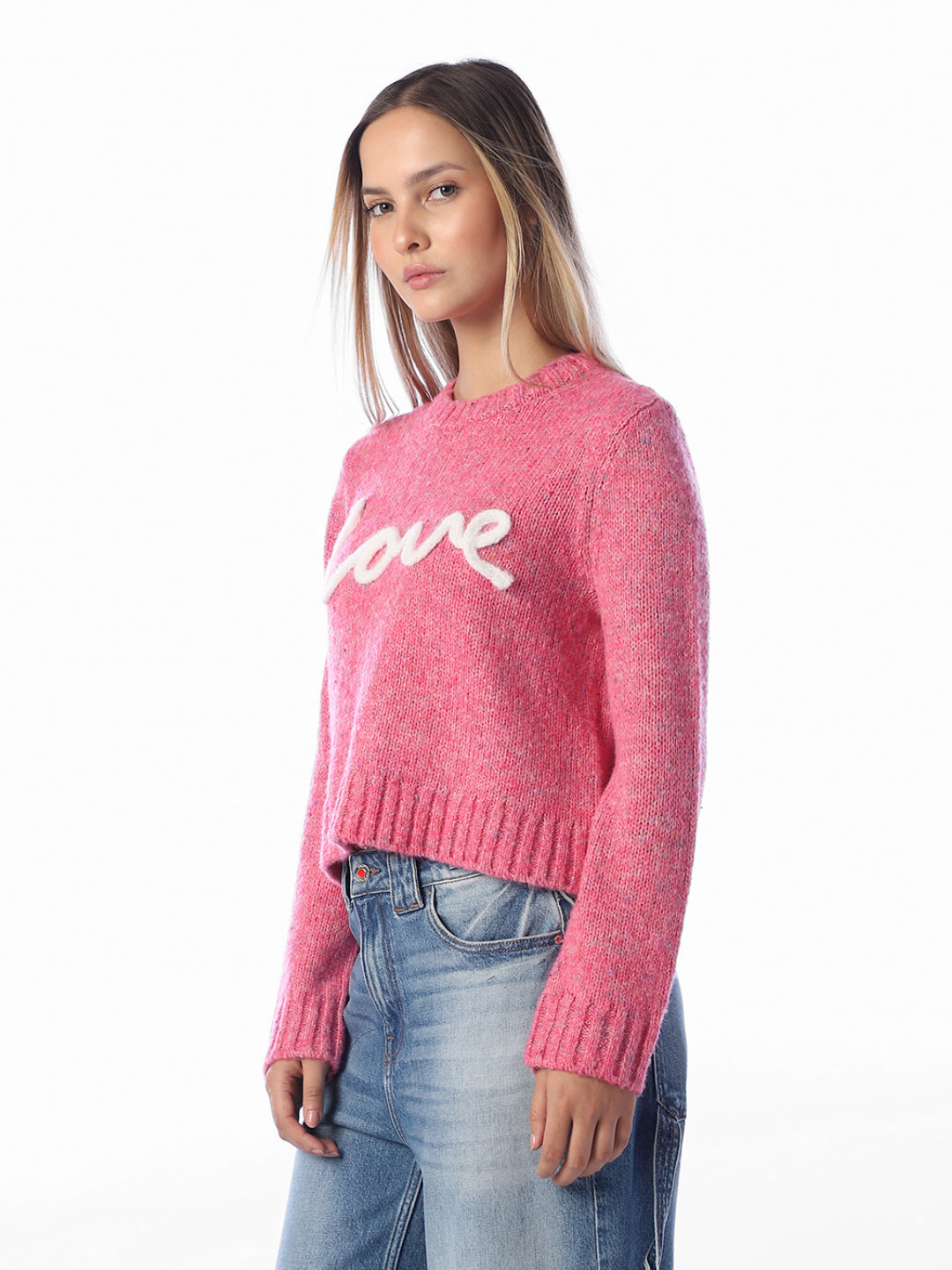 Text Detail O-Neck Pullover - Pink