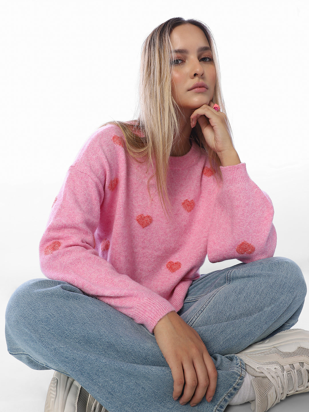 Heart Print O-Neck Pullover