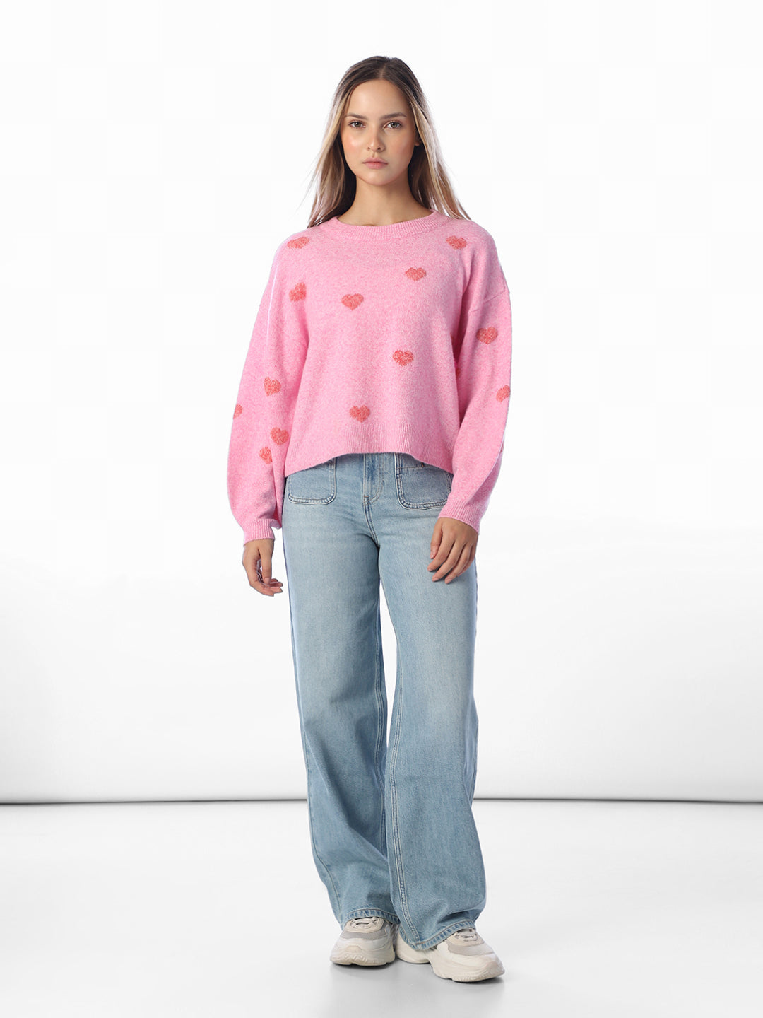 Heart Print O-Neck Pullover