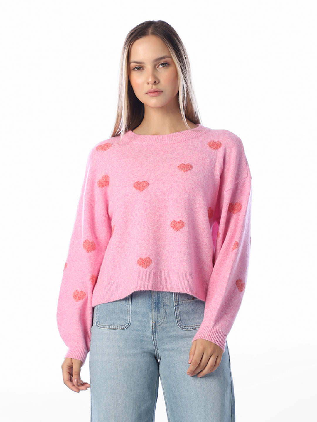 Heart Print O-Neck Pullover