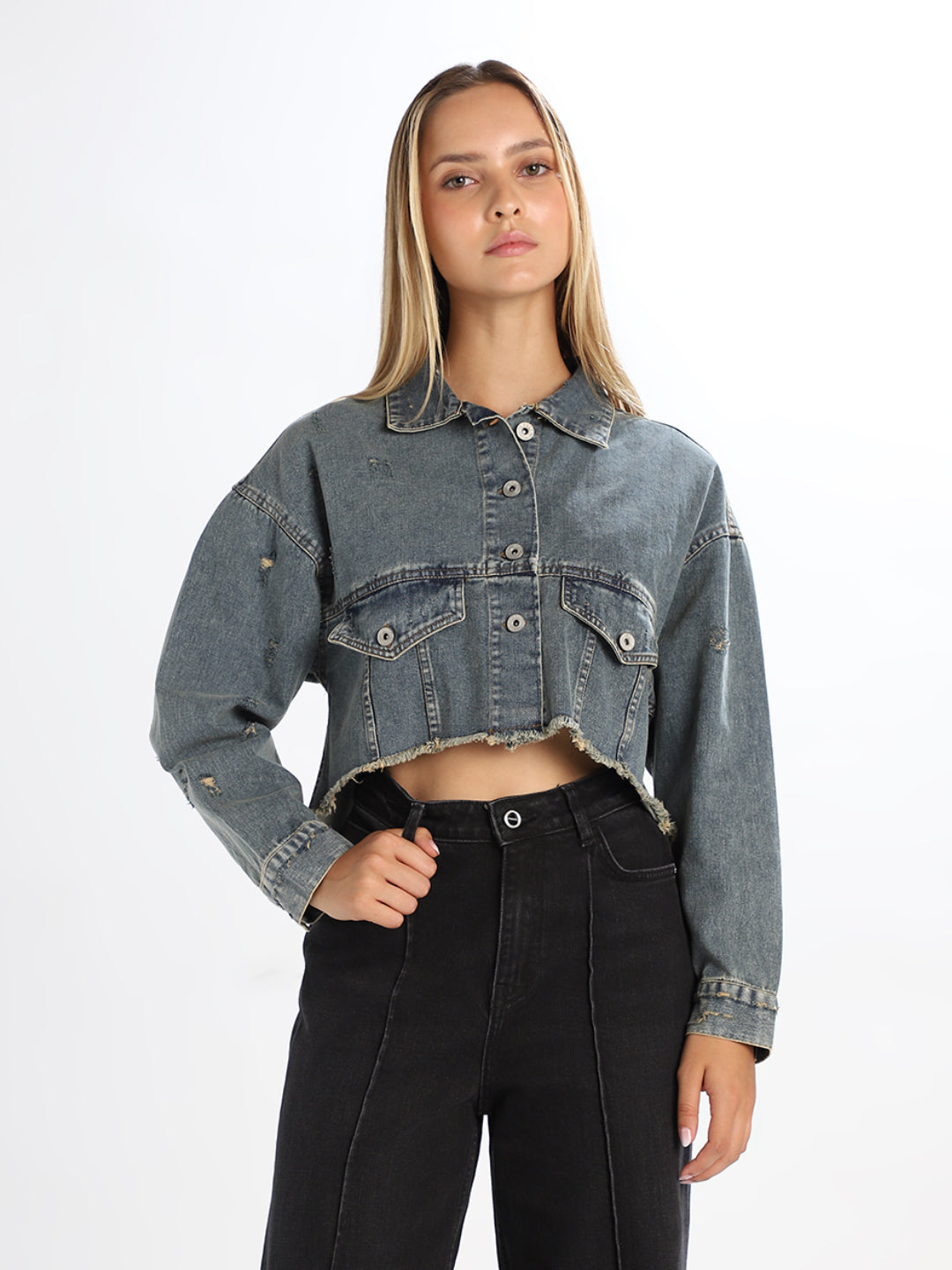 Cropped Distressed Denim Jacket