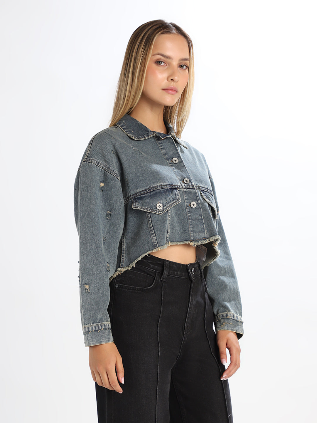 Cropped Distressed Denim Jacket