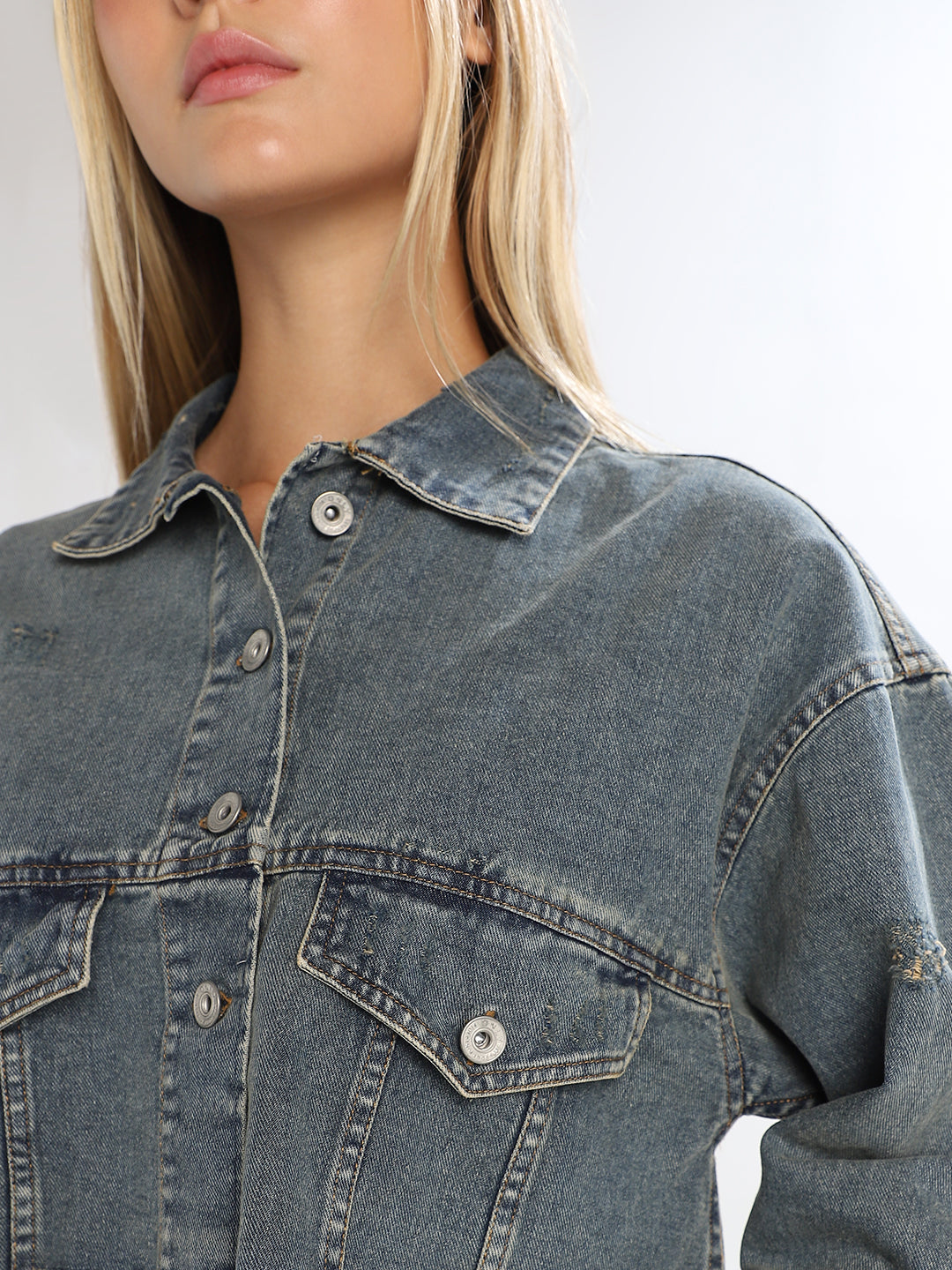 Cropped Distressed Denim Jacket