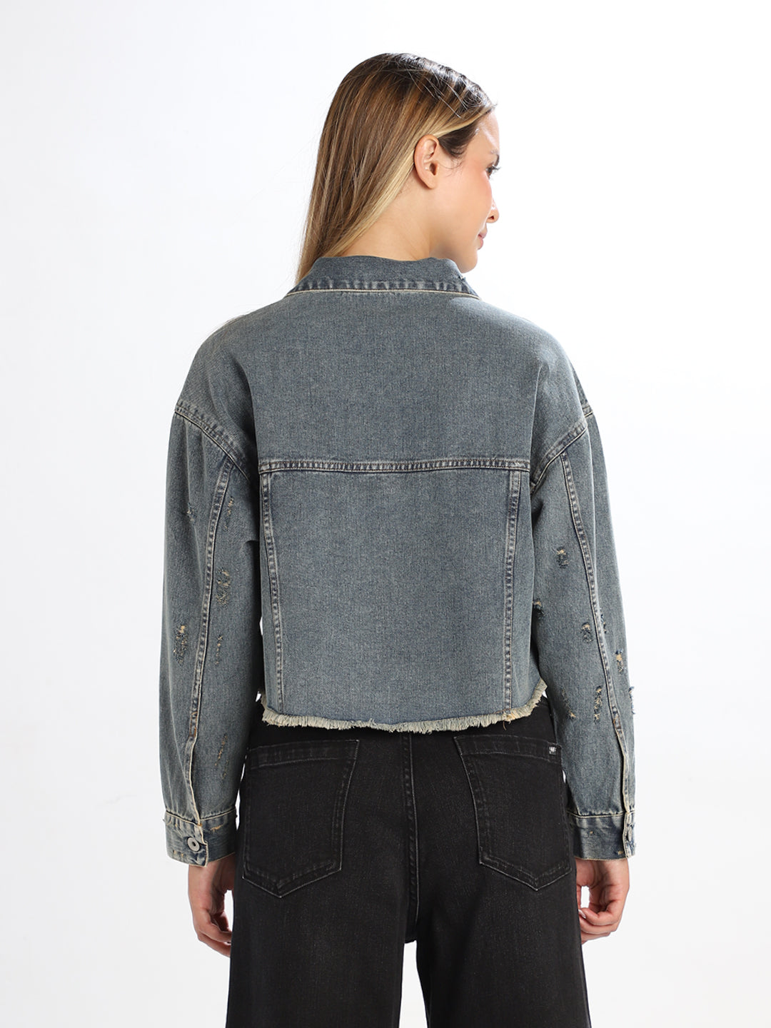 Cropped Distressed Denim Jacket
