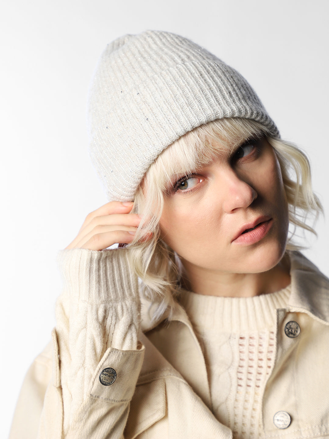Off-White Ribbed Glitter Beanie