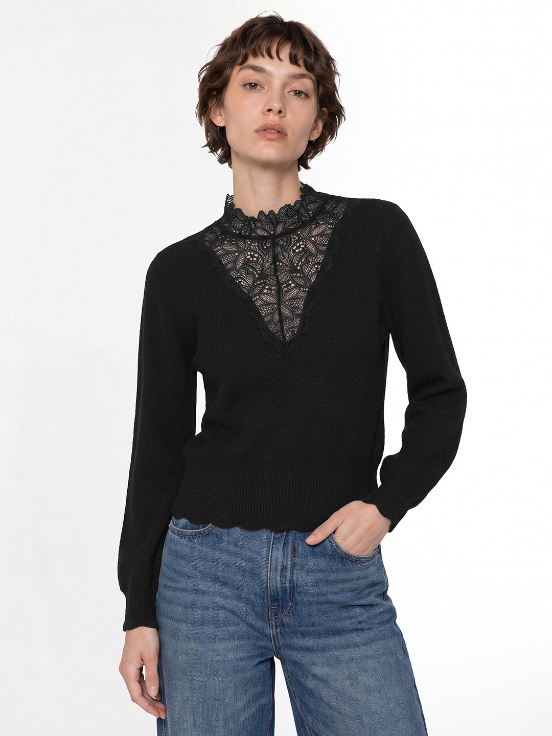 Black Lace High Neck Pullover