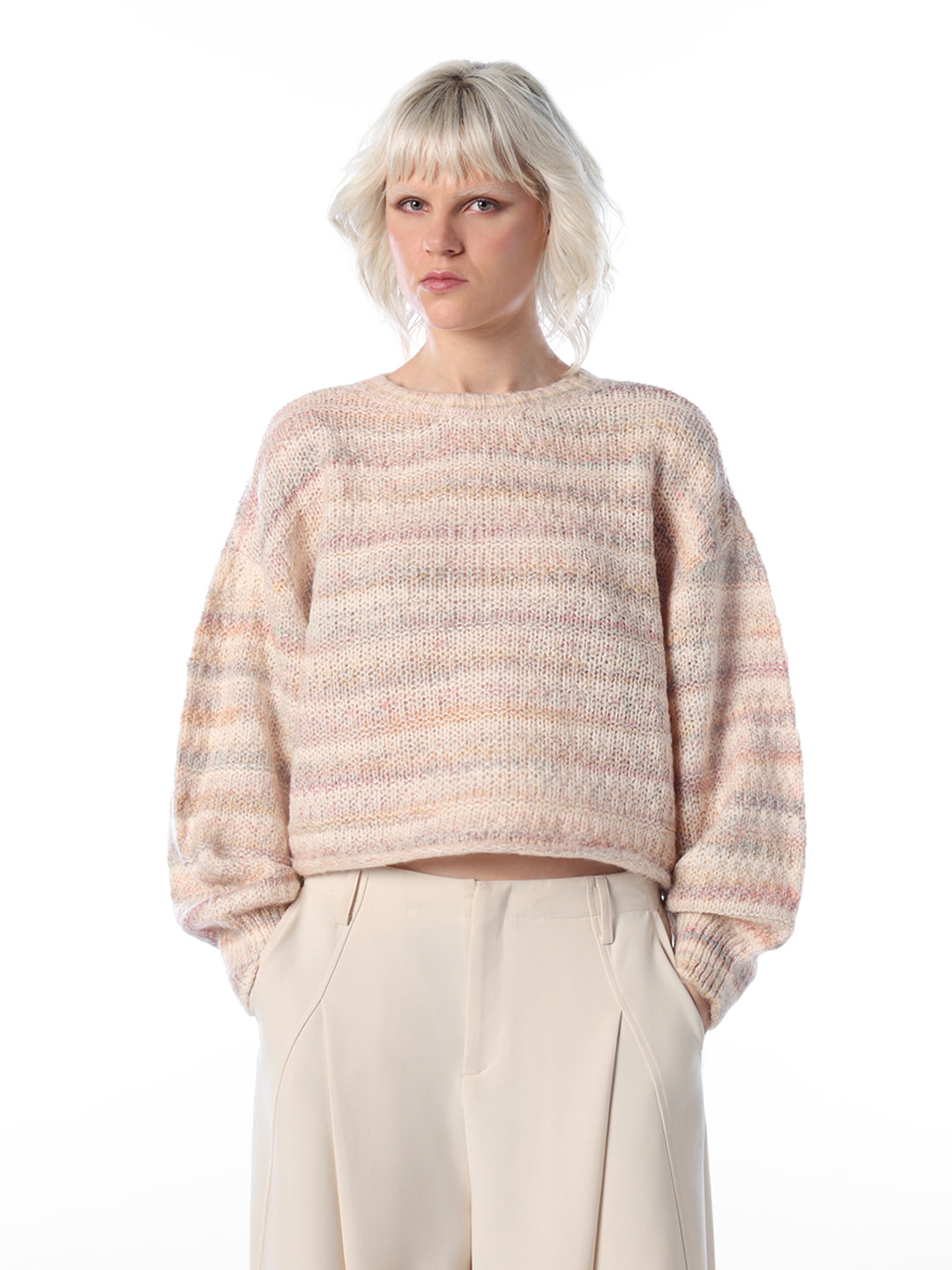 Beige Striped o-Neck Sweater
