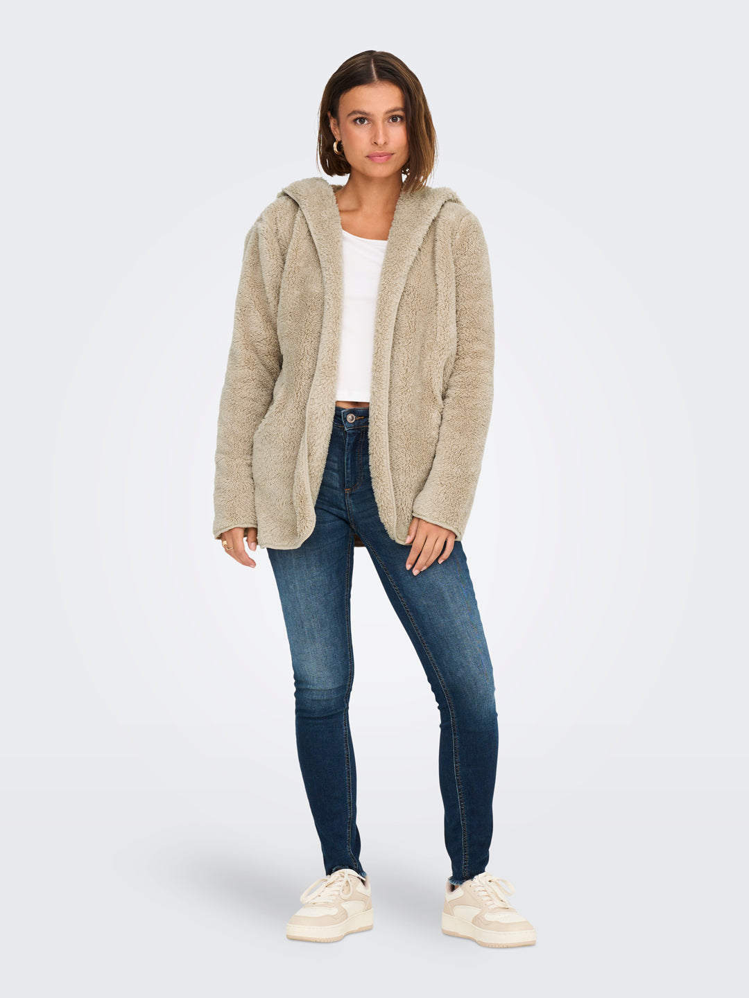 Beige Hooded Sherpa Coat