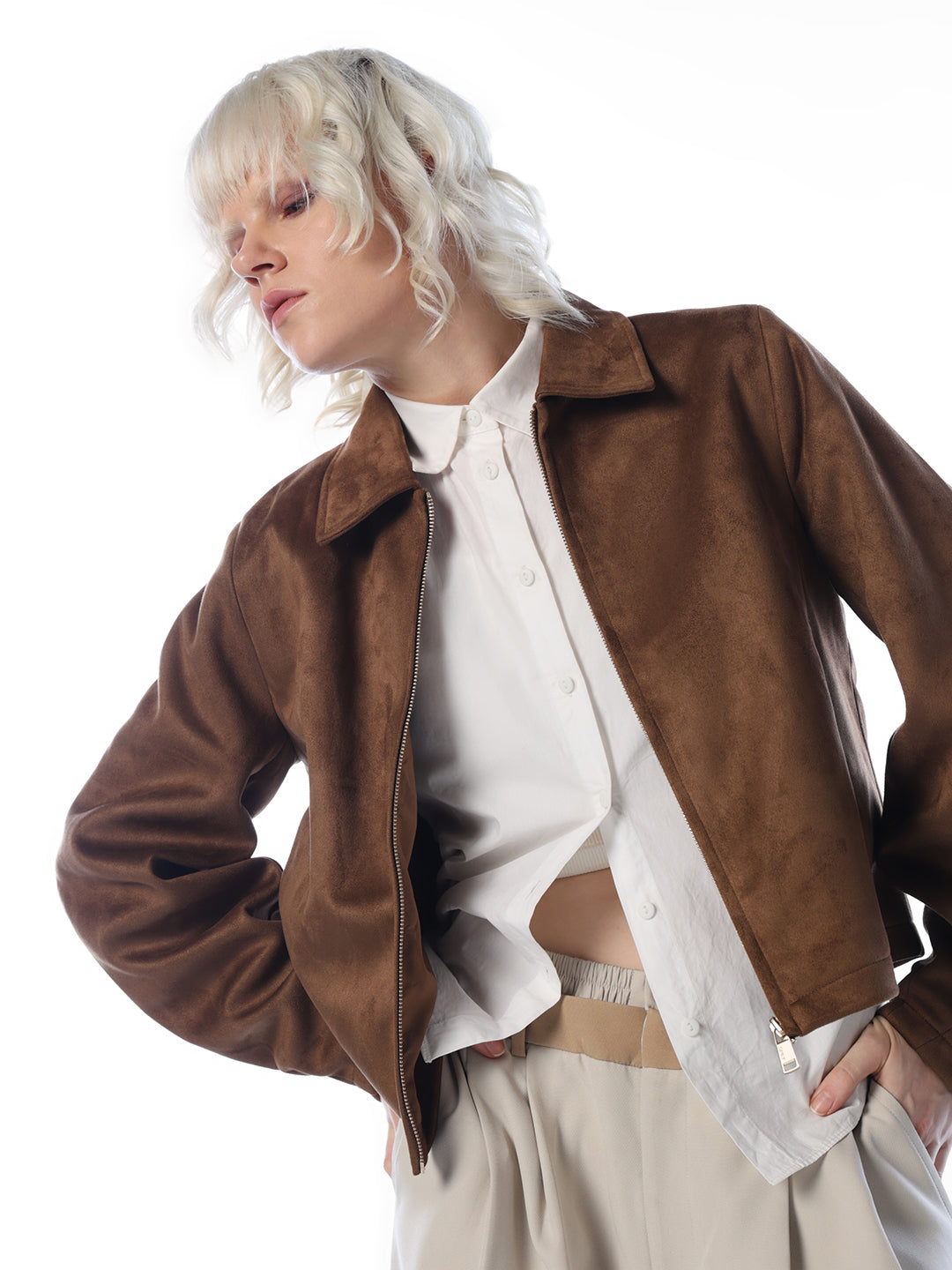 Brown Faux Suede Zip Jacket