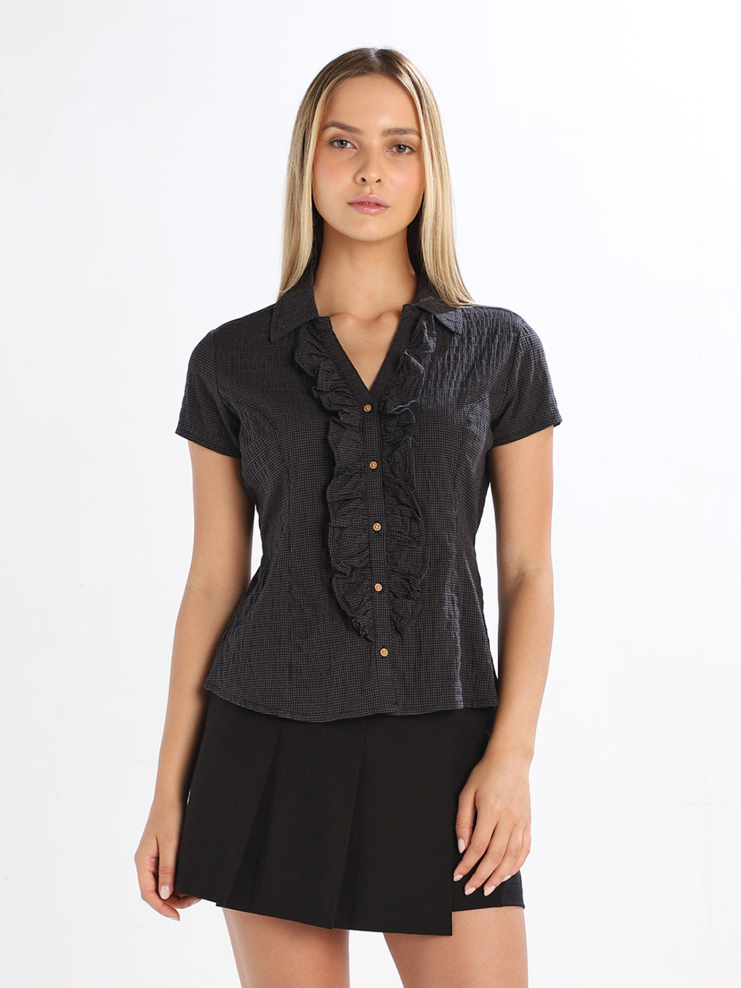 Check Ruffle Detail Shirt - Black