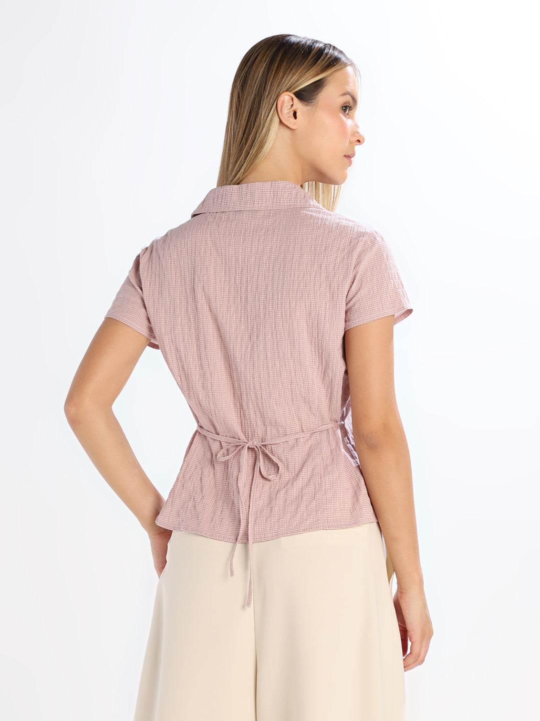 Check Ruffle Detail Shirt - Pink