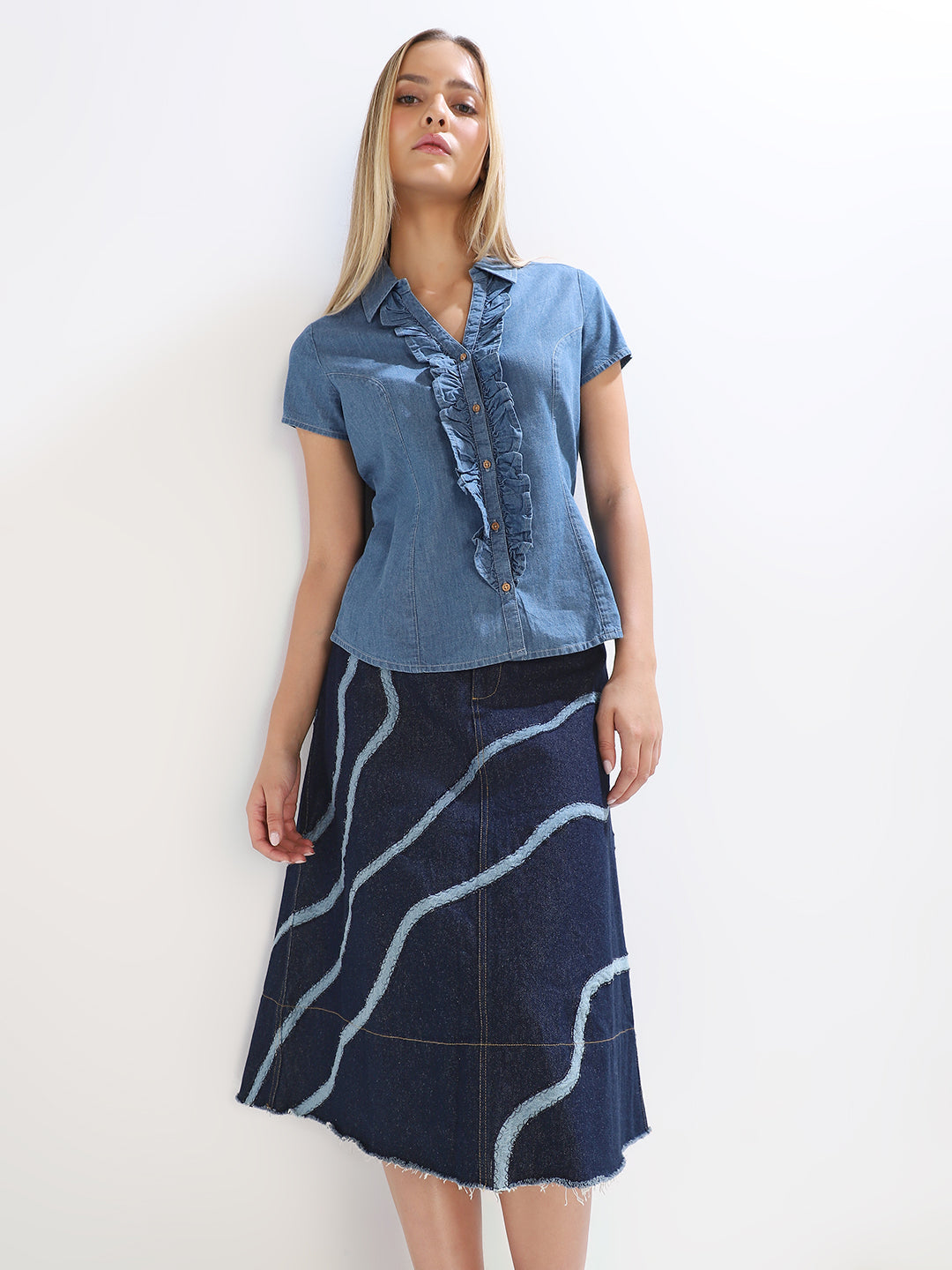 Blue Ruffle Detail Denim Shirt