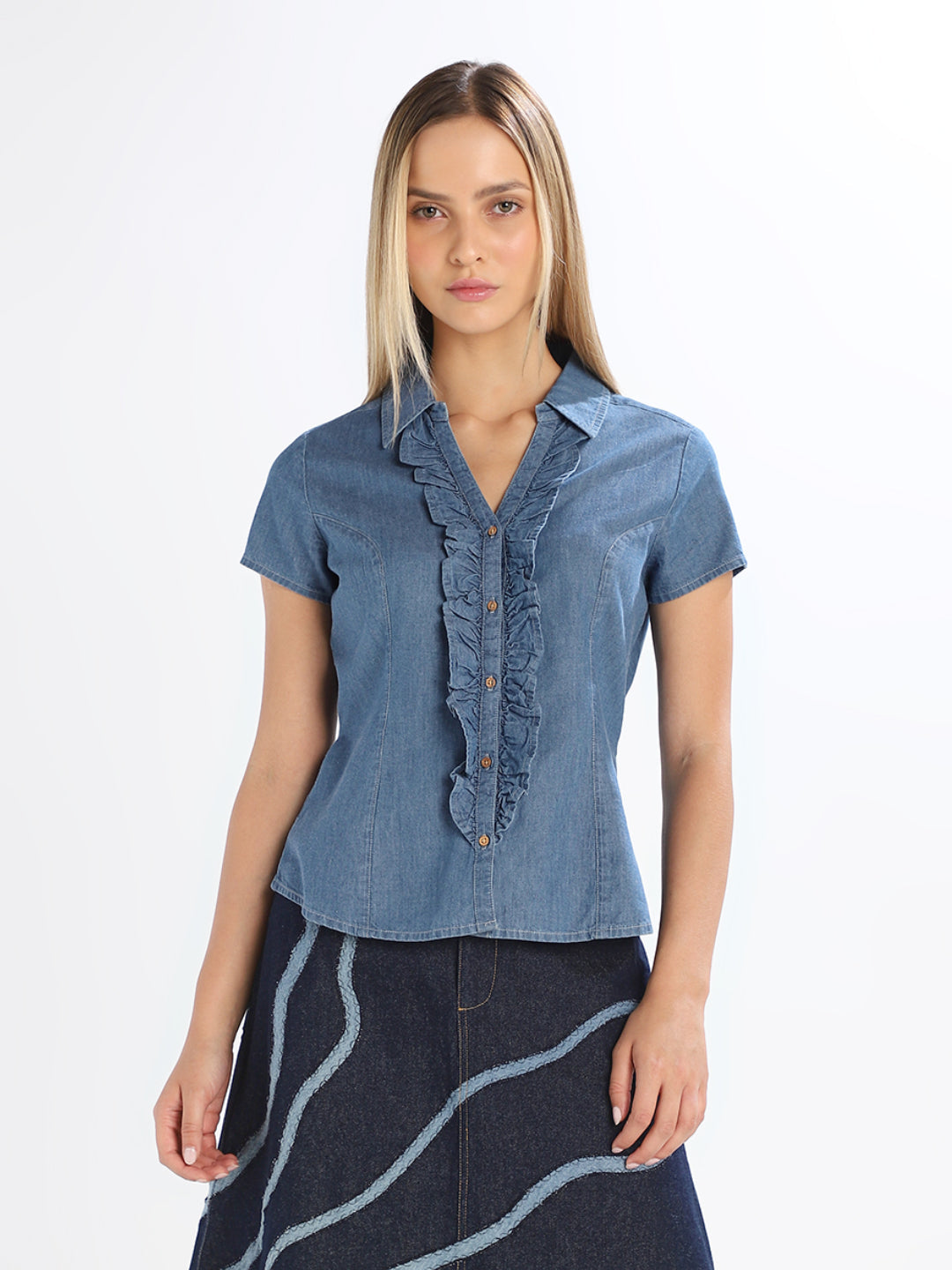 Blue Ruffle Detail Denim Shirt