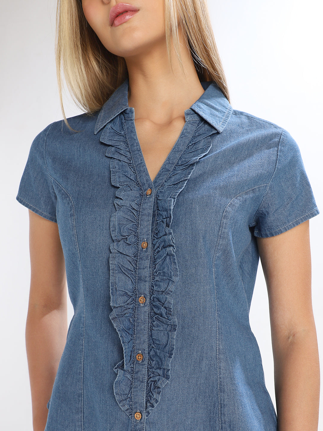 Blue Ruffle Detail Denim Shirt