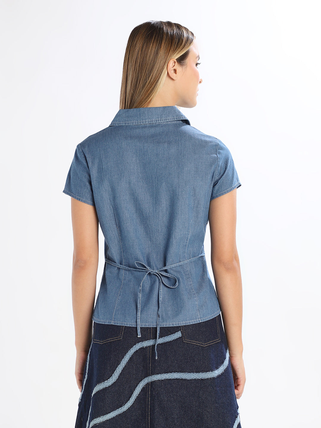 Blue Ruffle Detail Denim Shirt