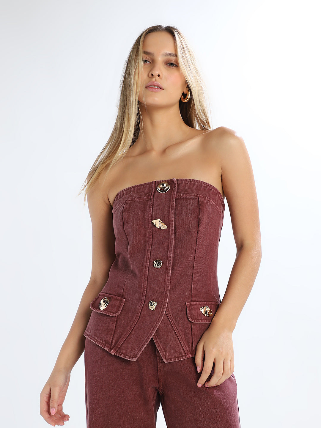 Brown Off-Shoulder Denim Top