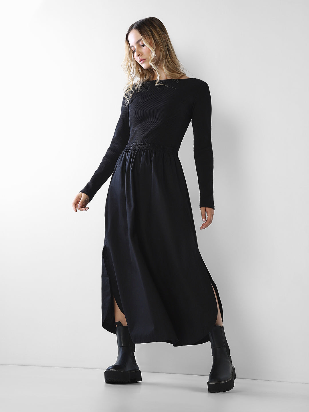 Black Boat Neck Long Dress