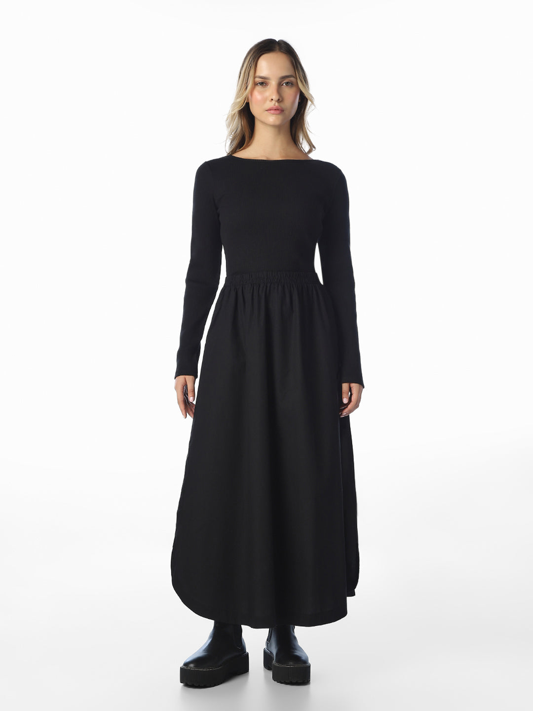 Black Boat Neck Long Dress