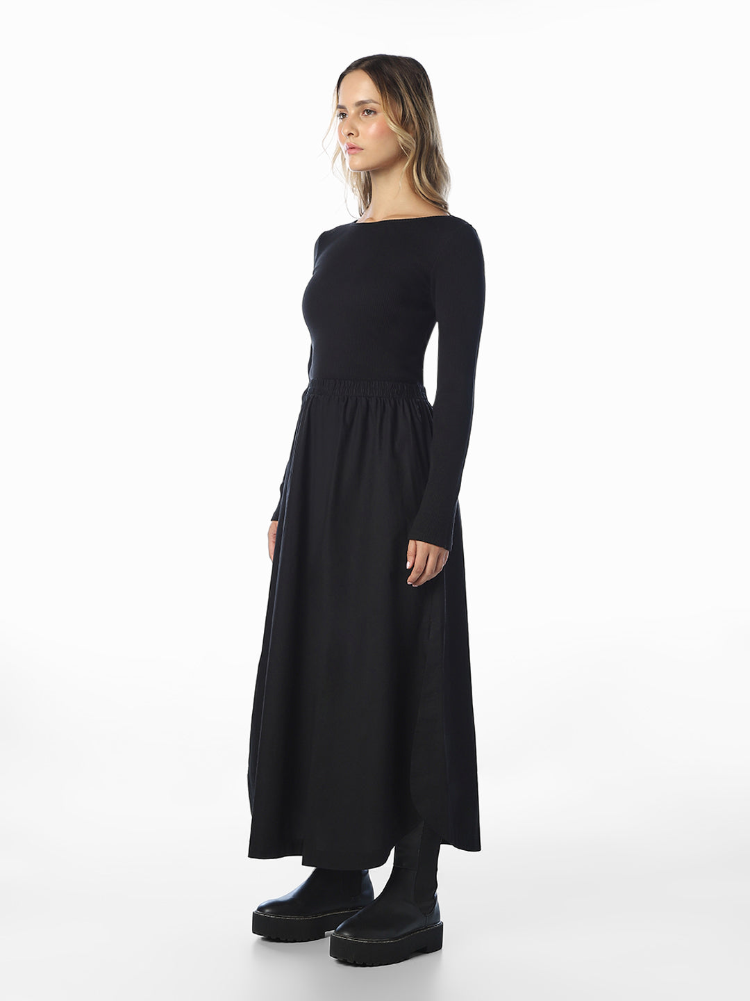 Black Boat Neck Long Dress