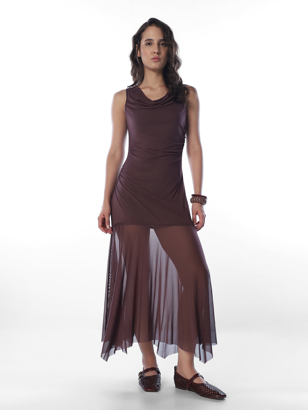 Brown Asymmetric Pleated Dress