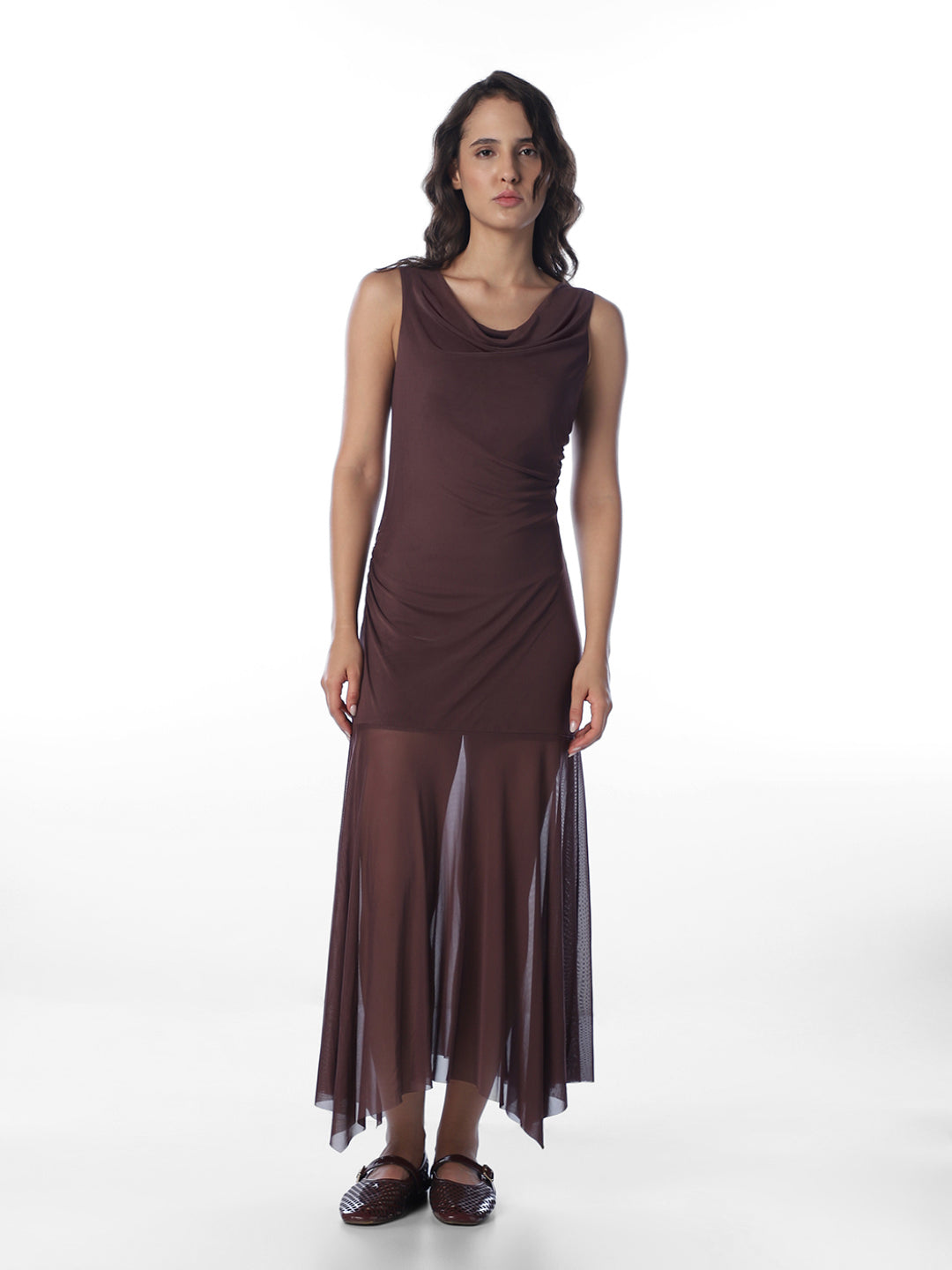 Brown Asymmetric Pleated Dress