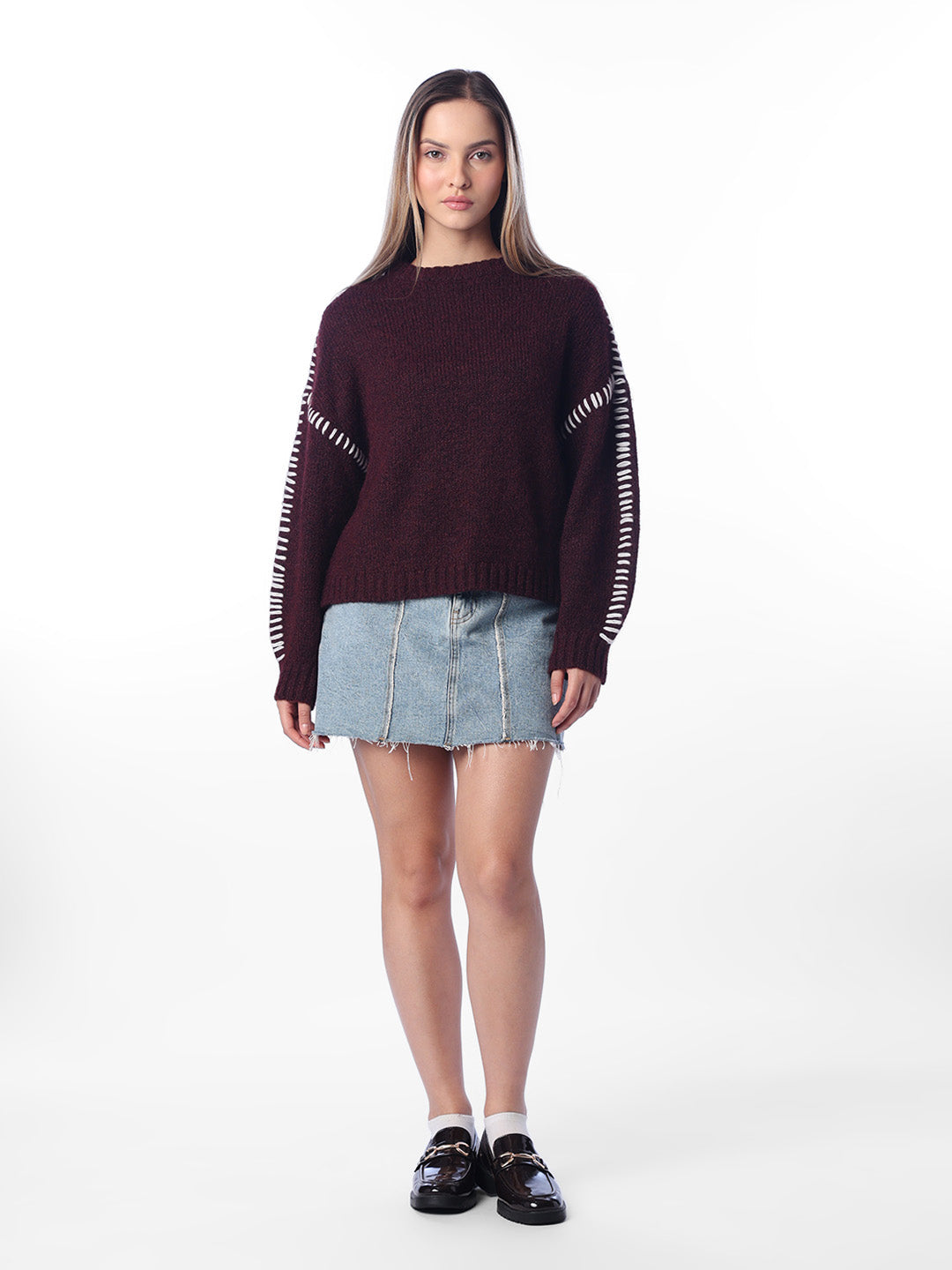 Maroon Contrast Stitch Sweater