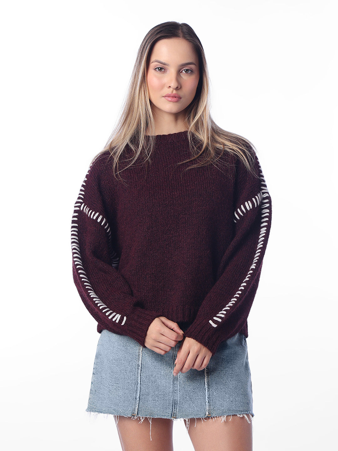 Maroon Contrast Stitch Sweater