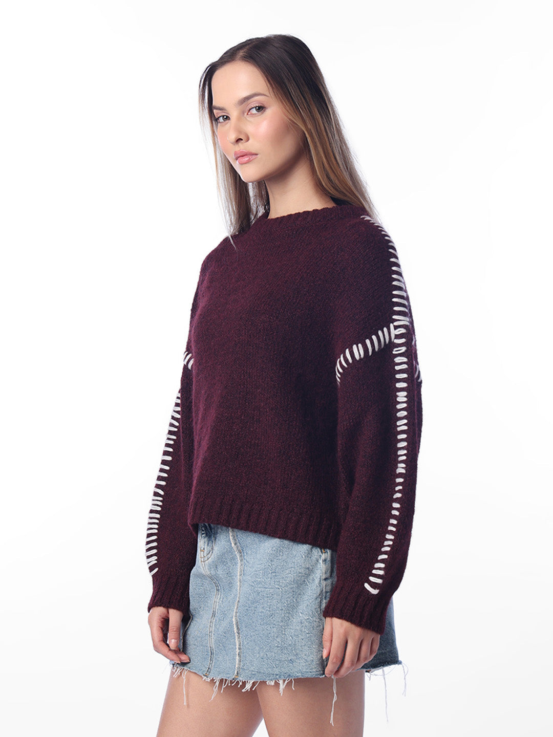 Maroon Contrast Stitch Sweater
