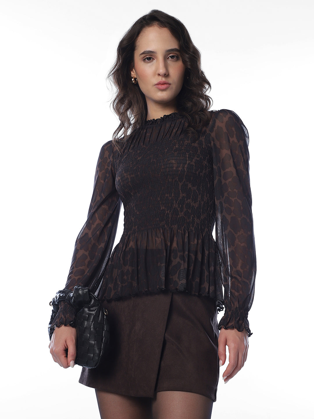 Brown Animal Print Smocked Top