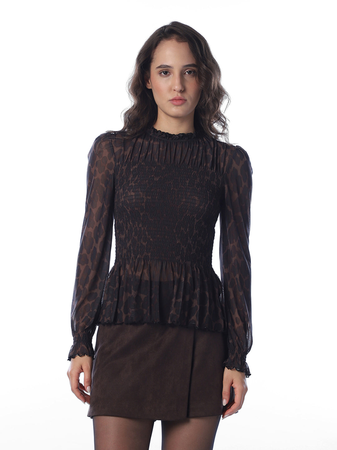 Brown Animal Print Smocked Top