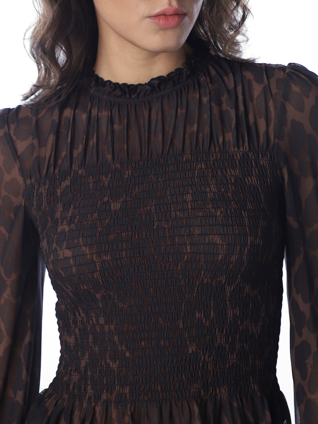 Brown Animal Print Smocked Top