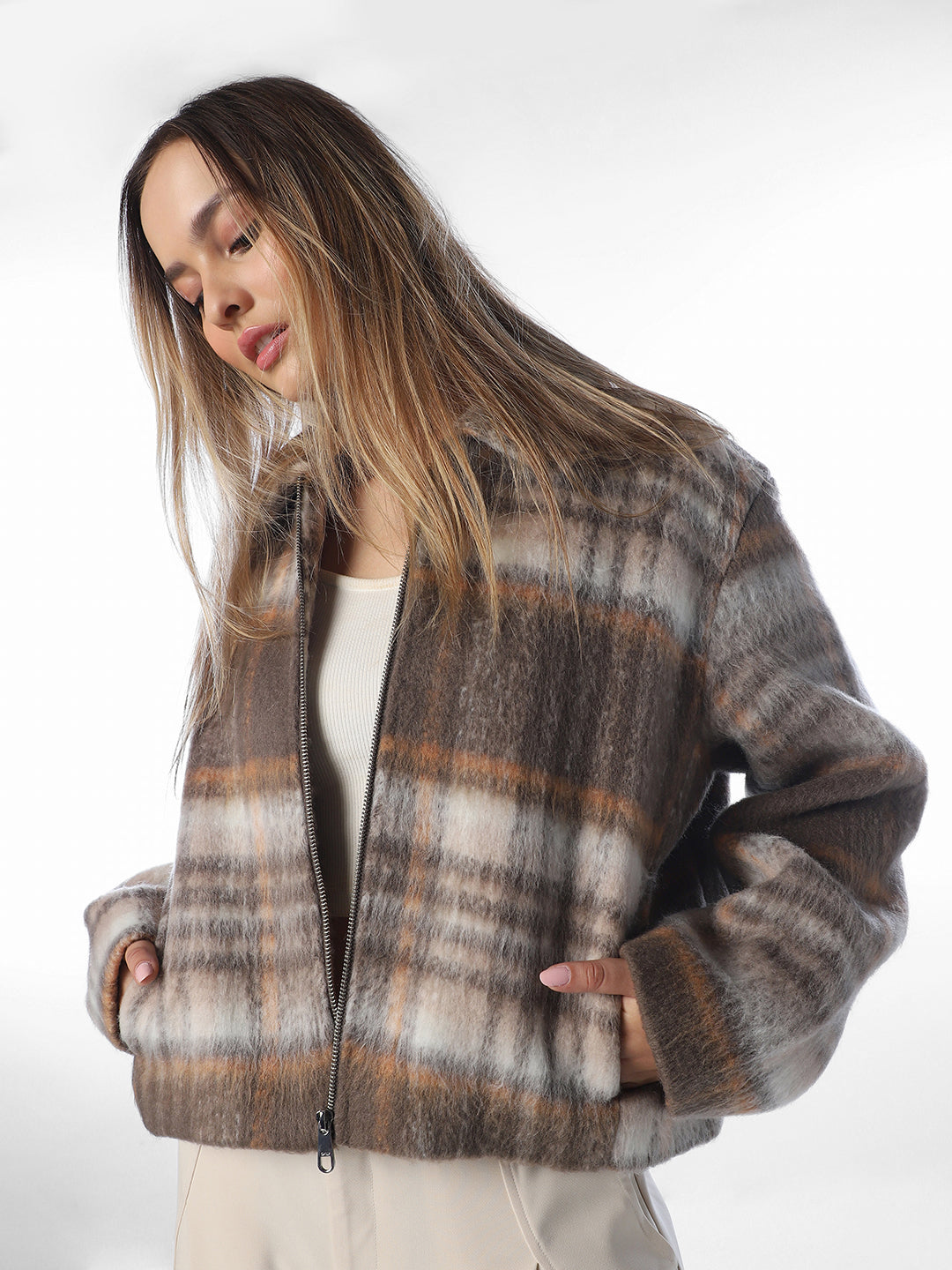 Beige Check Casual Jacket
