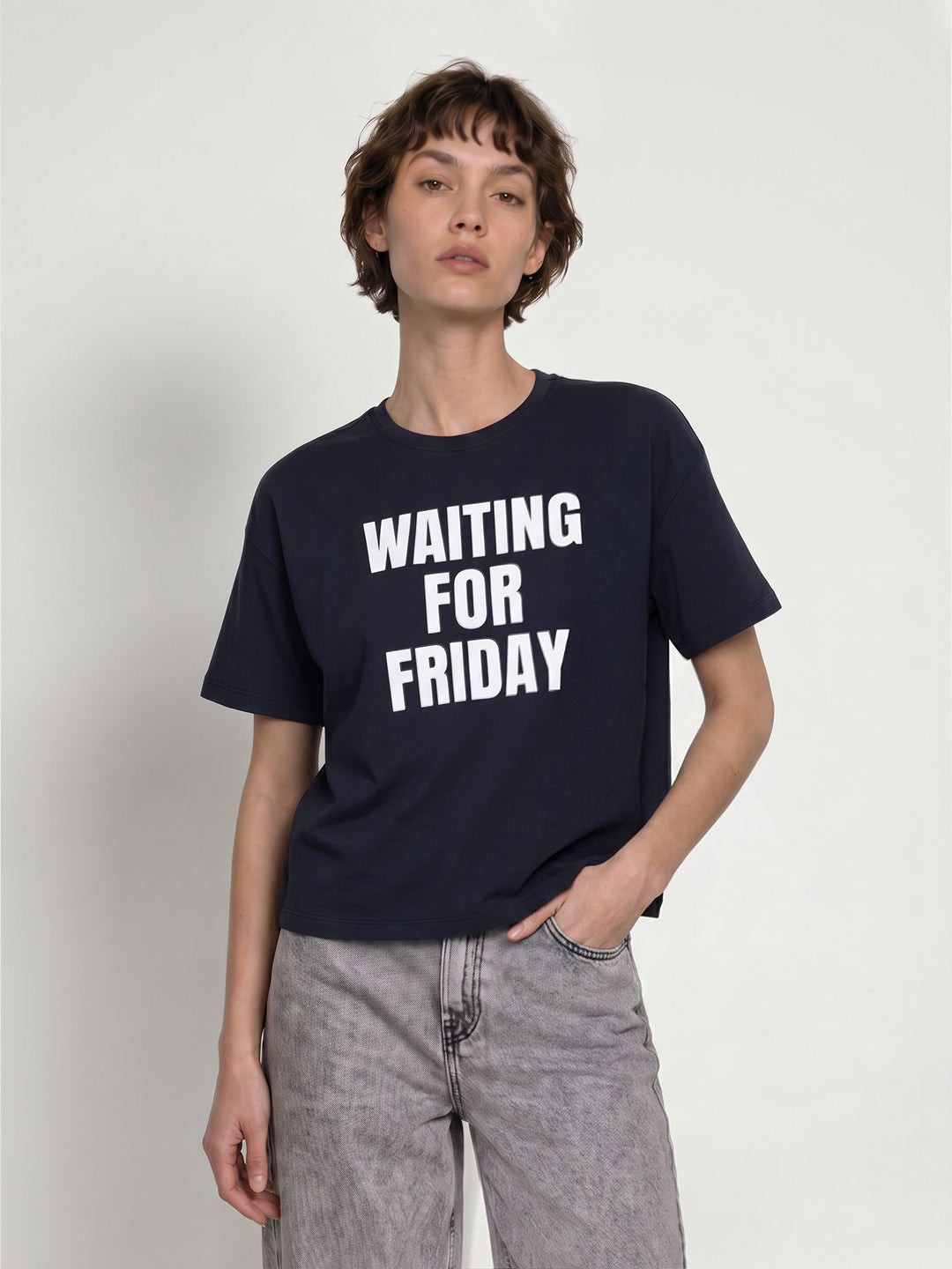 Navy Blue Text Print T-shirt