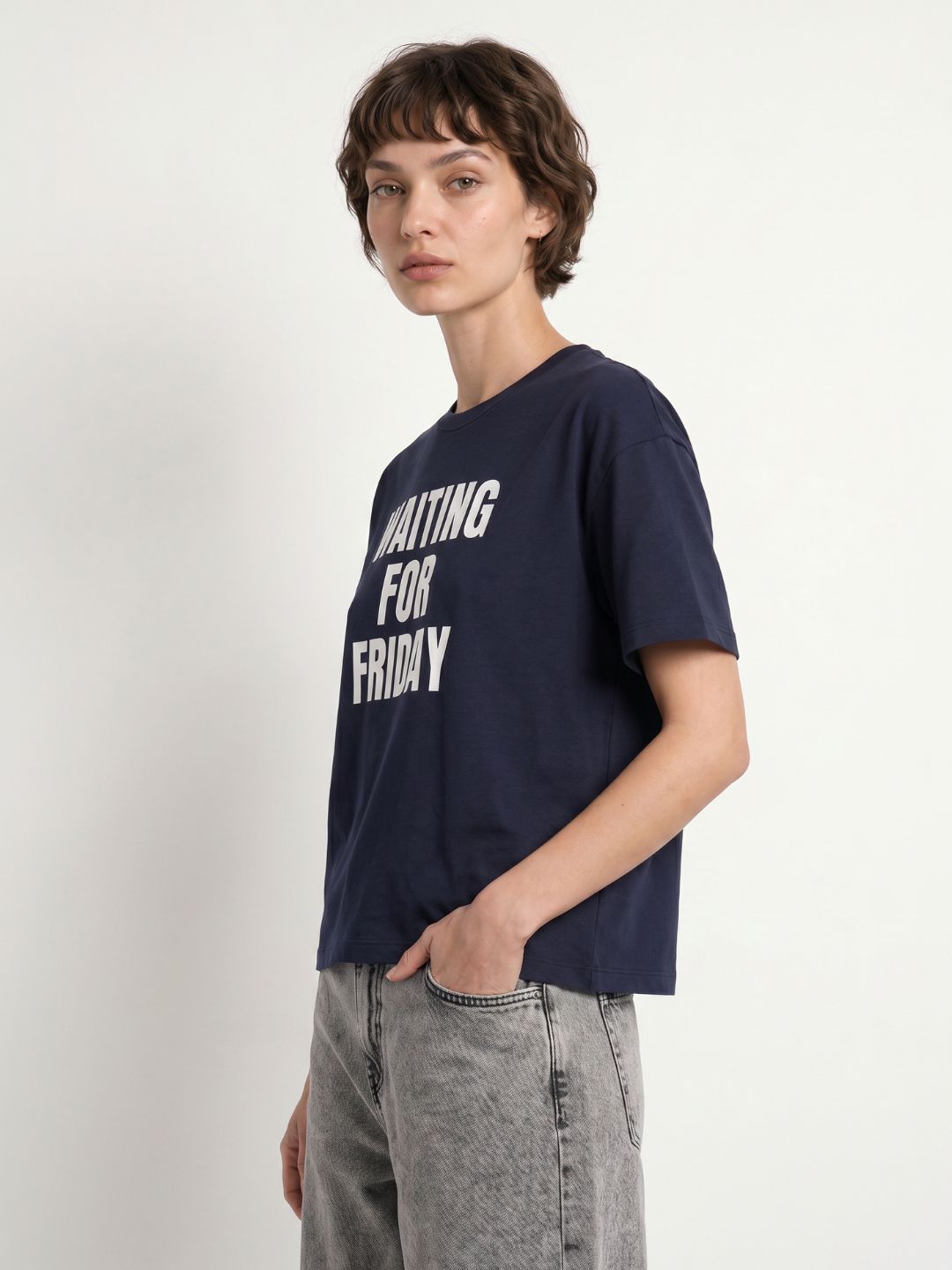 Navy Blue Text Print T-shirt