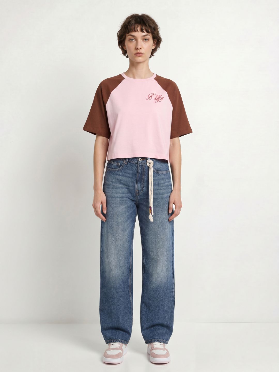Pink Colourblocked Cropped T-Shirt