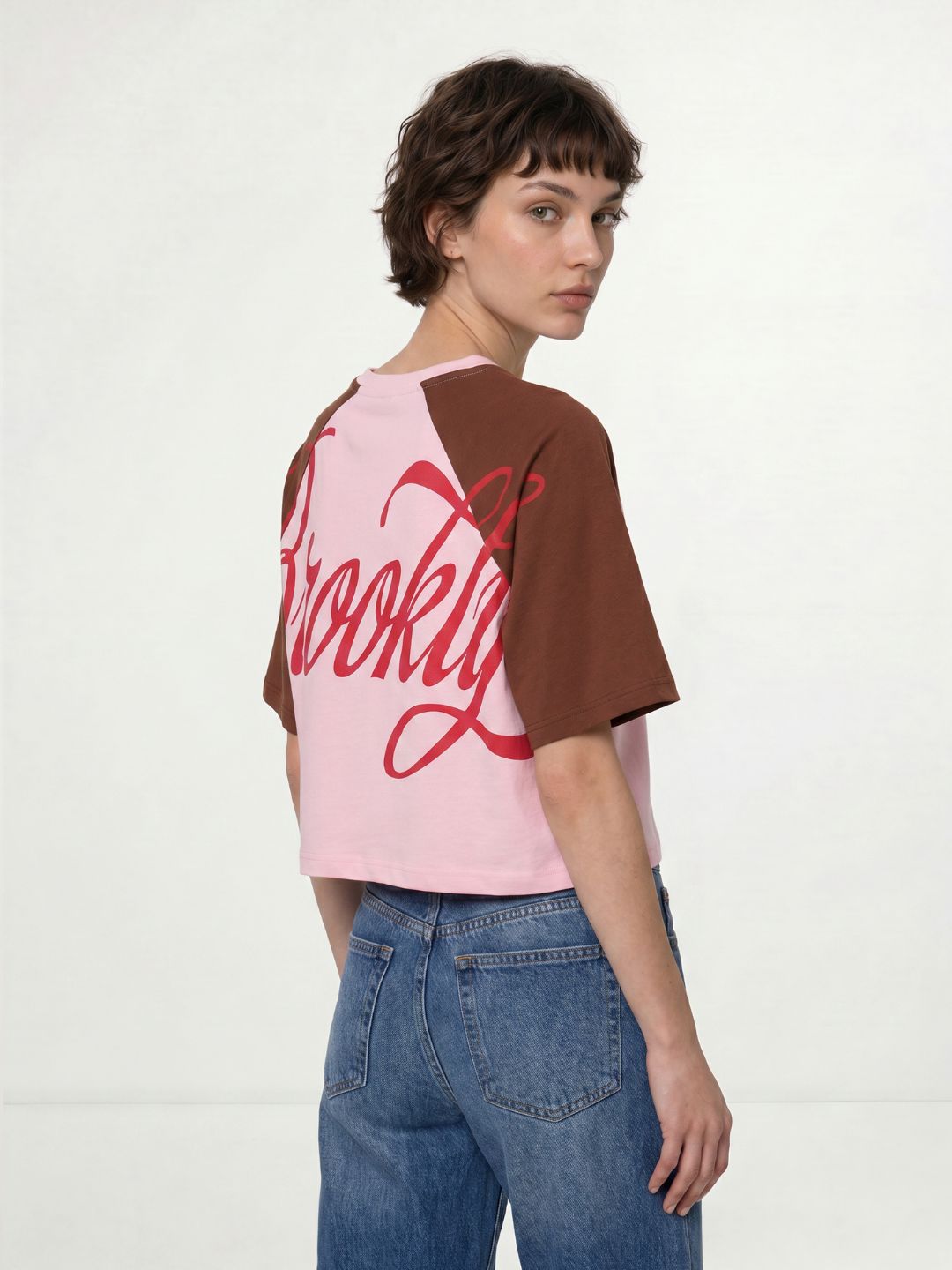 Pink Colourblocked Cropped T-Shirt