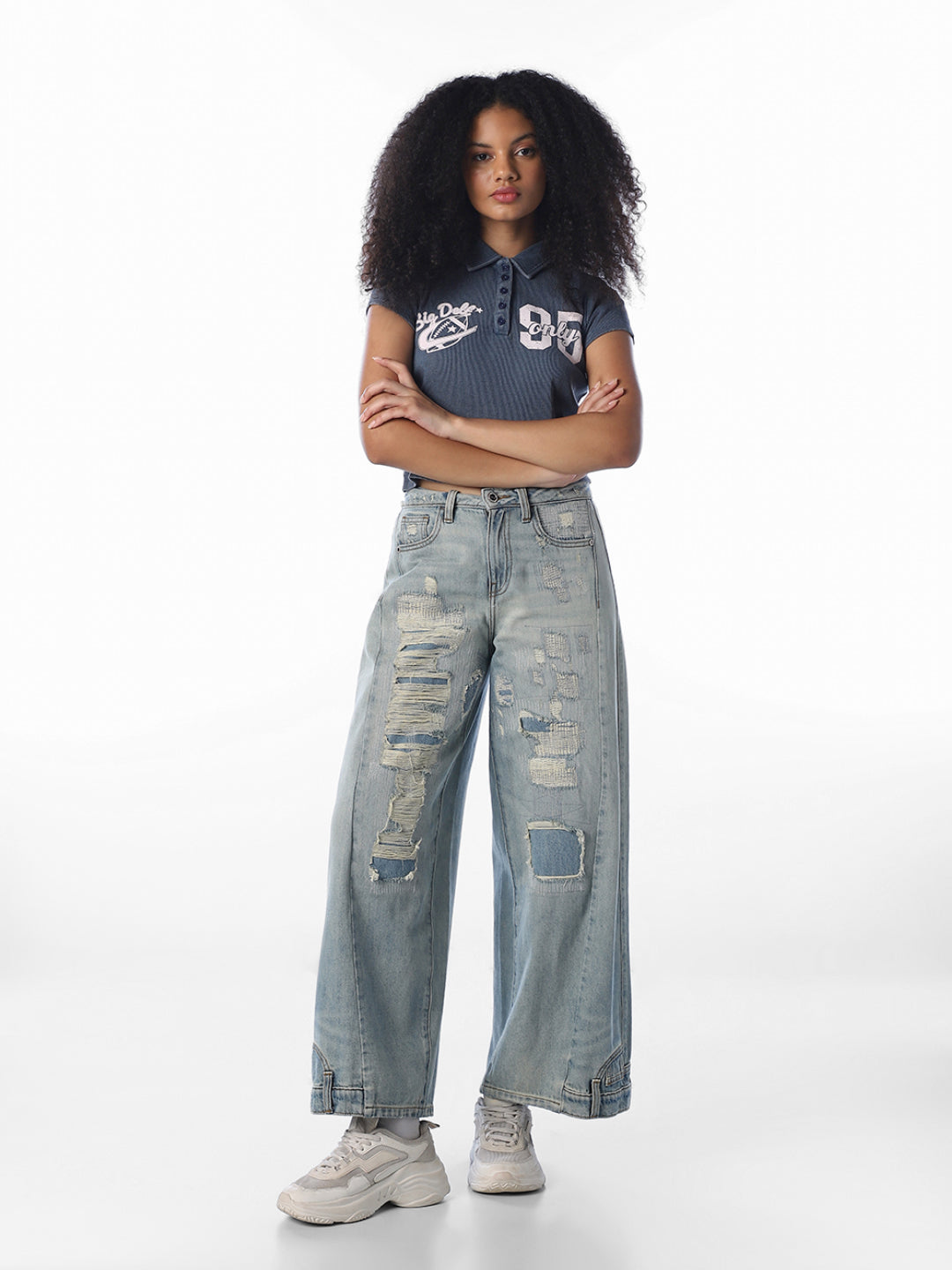 Blue Printed Cropped Polo