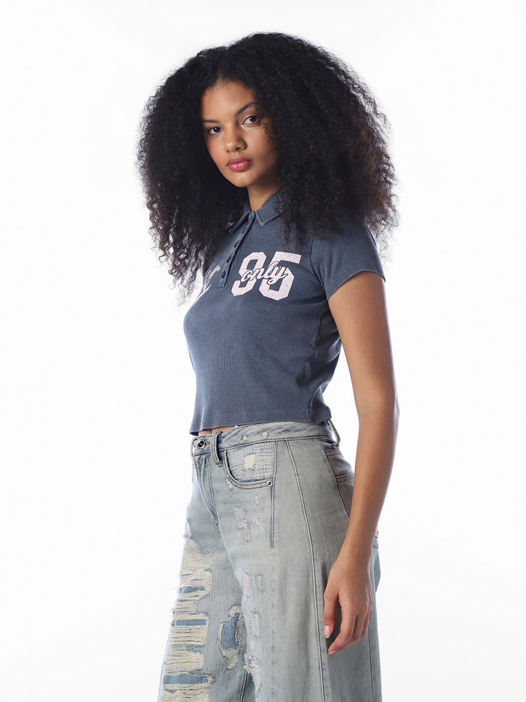 Blue Printed Cropped Polo