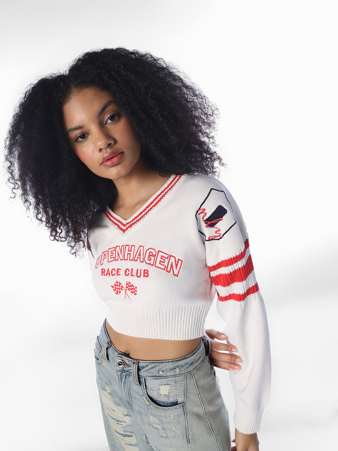 White Printed Cropped Pullover