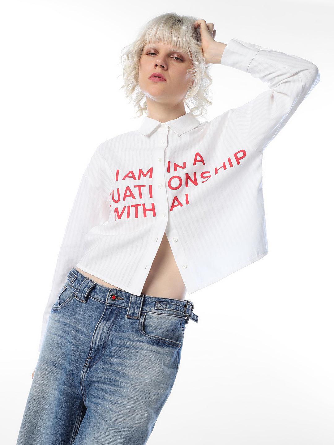 White Printed Cropped Shirt