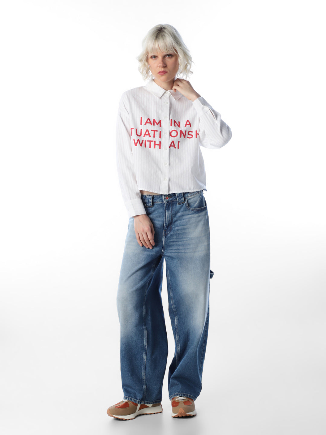 White Printed Cropped Shirt